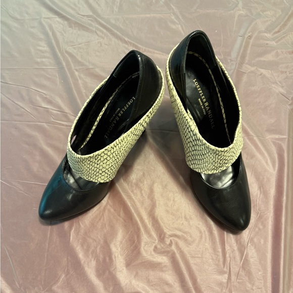 Loeffler Randall Black Leather Cream Snakeskin Colorblock 3.75”Heels Size 7 $428 - Picture 3 of 12
